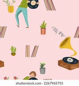 Seamless pattern, digital paper, wrapping paper on hobby theme, free time, listening to vinyl records, gramophone, cartoon characters vector illustration, music, music lover.