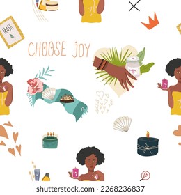 Seamless pattern, digital paper, wrapping paper on the theme of personal care: girl, heart, mask, candle, flower. Flat cartoon vector illustration, hand drawn style. The concept of self-love, health.