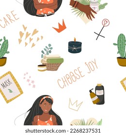 Seamless pattern, digital paper, wrapping paper on the theme of personal care: girl, heart, mask, candle, flower. Flat cartoon vector illustration, hand drawn style. The concept of self-love, health.