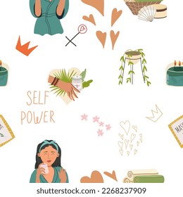 Seamless pattern, digital paper, wrapping paper on the theme of personal care: girl, heart, mask, candle, flower. Flat cartoon vector illustration, hand drawn style. The concept of self-love, health.