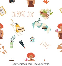 Seamless pattern, digital paper, wrapping paper on the theme of personal care: girl, heart, mask, candle, flower. Flat cartoon vector illustration, hand drawn style. The concept of self-love, health.