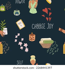 Seamless pattern, digital paper, wrapping paper on the theme of personal care: girl, heart, mask, candle, flower. Flat cartoon vector illustration, hand drawn style. The concept of self-love, health.