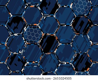 Seamless pattern with digital sporty hexagons, soccer ball mesh details, glitch design. Sport print fpr football prints, activewear, wrapping paper, gaming, sports textile
