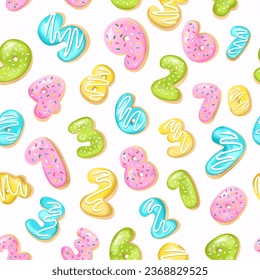 Seamless pattern with digits and numbers donuts in realistic style on the white background, 3d. Design for packaging, textures, prints, fabrics. Vector illustration. Cake and cookies glazed dessert