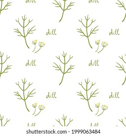 Seamless pattern with dill. Colorful paper cut culinary herbs isolated on white background. Doodle hand drawn vector illustration