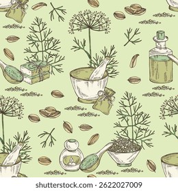 Seamless pattern with dill: dill leaves and seeds. Oil, soap and bath salt . Cosmetics and medical plant. Vector hand drawn