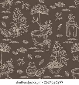 Seamless pattern with dill: dill leaves and seeds. Oil, soap and bath salt . Cosmetics and medical plant. Vector hand drawn