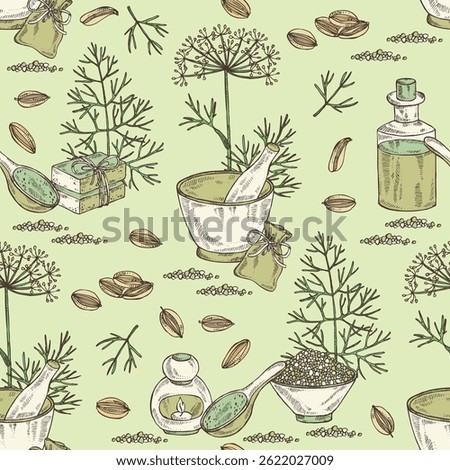 Seamless pattern with dill: dill leaves and seeds. Oil, soap and bath salt . Cosmetics and medical plant. Vector hand drawn