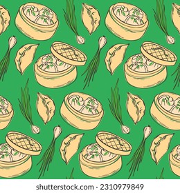 Seamless pattern with dim sum and green onions on a green background. Background with boiled dumplings. Asian traditional cuisine. Vector illustration in a flat style.