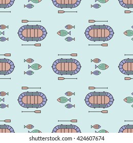 Seamless pattern with dinghy, inflatable boat, inflatable dinghy, rubber dinghy, inflatable rescue boat, rubber duck and school of fish, shoaling fish, shoaling, schooling.