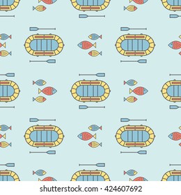Seamless pattern with dinghy, inflatable boat, inflatable dinghy, rubber dinghy, inflatable rescue boat, rubber duck and school of fish, shoaling fish, shoaling, schooling.