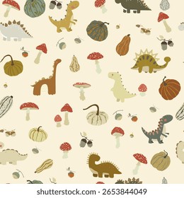 Padrão perfeito com dino, cogumelos amanita, bolotas e abóboras. Ilustração de vetor com bonitos desenhos animados natureza e animais.