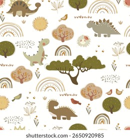 Seamless pattern with dino and birds. Vector illustration with animals and cartoon hand drawn nature, bushes, trees, rainbows, bees, plants.