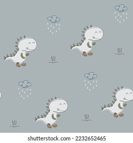 Seamless pattern with dino, cloud and grass on the dark background