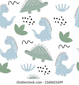 Seamless pattern with dino in doodle style. Dinosaurs, bushes, dots and doodles. Trendy children's wallpaper. Modern design. Hand drawn vector. On a white background.