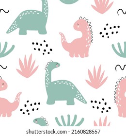 Seamless pattern with dino in doodle style. Dinosaurs, bushes, dots and doodles. Trendy children's wallpaper. Modern design. Hand drawn vector. On a white background.