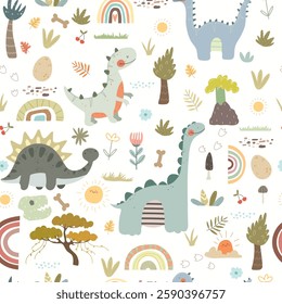 Seamless pattern with dino, eggs, volcano, rainbows, flowers, bones. Vector illustration with dinosaurs and plants for kids.