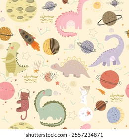 Seamless pattern with dino friends in space. Space sheap, planets, moon, dinosaurs, stars, dots and spots. Vector illustration with cute animal .