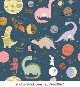 Seamless pattern with dino friends in space. Space sheap, planets, moon, dinosaurs, stars, dots and spots. Vector illustration with cute animal .