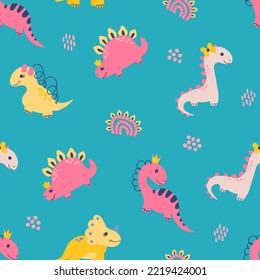 Seamless pattern with dino girls. Design for fabric, textile, wallpaper, packaging.