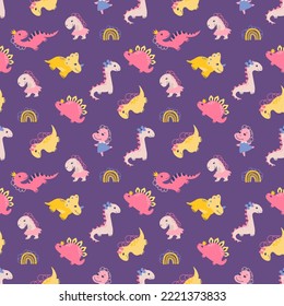 Seamless pattern with dino girls. Design for fabric, textile, wallpaper, packaging.	