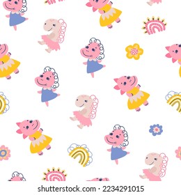 Seamless pattern with dino girls. Design for fabric, textile, wallpaper, packaging
