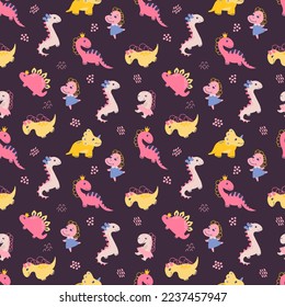 Seamless pattern with dino girls. Design for fabric, textile, wallpaper, packaging.	
