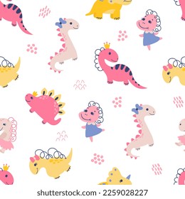 Seamless pattern with dino girls. Design for fabric, textile, wallpaper, packaging.	