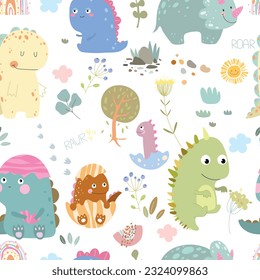 Seamless pattern with dino and many different plants, berry, clouds and sun. Vector illustration on white background.