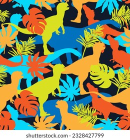 Seamless pattern with  dino and palm leaves.  Background for textile, fabric, stationery, clothes, accessories and other designs.