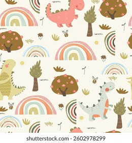 Seamless pattern with dino , plants, bee and rainbows on light background, seamless pattern. Cute vector illustration for kids.