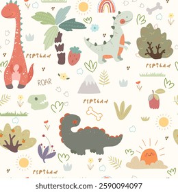 Seamless pattern with dino, plants, bones, sun anbstract figute. Vector illustration for kids.