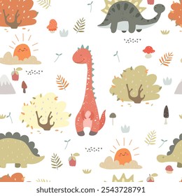Padrão contínuo com dino, plantas, crianças rabiscar, padrão animal de queda.