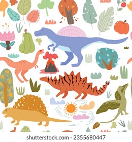 Patrón sin foco con dino, plantas: hojas, árboles, calabazas, volcán. Patrón de otoño infantil, ilustración vectorial.