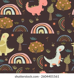 Seamless pattern with dino , plants,  and rainbows on dark background. Cute vector illustration for kids.