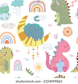 Seamless pattern with dino, rainbows, clouds, sun, spots, abstracy figure. Vector illustration.