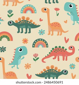 Seamless pattern with dino and rainbows. Colorful print with cute dinosaurs for kids.