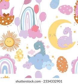 Seamless pattern with dino, rainbows, moon, clouds, eggs, sun, balloons. Vector illustration.