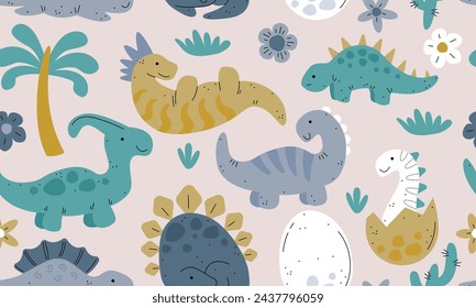 Patrón sin fisuras con ilustración vectorial Dino. Lindo dinosaurio, dragón y huevo