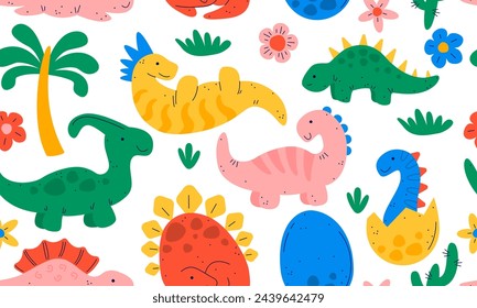 Seamless pattern with Dino vector illustration. Cute Dinosaur, Dragon and egg