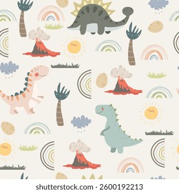Seamless pattern with dino , volcano, eggs and rainbows. Cute vector illustration for kids.