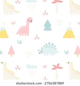 Patrón sin fisuras con dino, volcán, flores, árboles y arco iris. Linda Ilustración vectorial para los niños.
