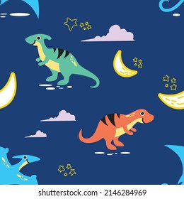 Seamless pattern of dinos family with moon and sky view. Design for scrapbooking, decoration, cards, paper goods, background, wallpaper, wrapping, fabric and all your creative projects.