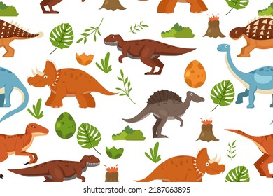 Seamless pattern with dinos and leaves on white background. texture of Jurassic park dinosaurs. cartoon vector illustration for printing