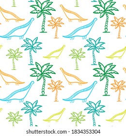 Seamless pattern with dinos and palm trees. For child stuff design