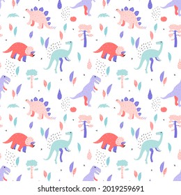 Seamless pattern with dinos in pastel colors, pine trees, bushes and leaves. Cute doodle childish design. For prints, backgrounds, wrapping paper, textile, linen, wallpaper, etc. 