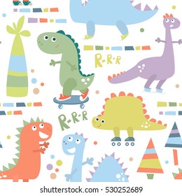 Seamless pattern with dinosaur. Baby background for textile, wrapping, fabric, wallpaper. Vector illustration