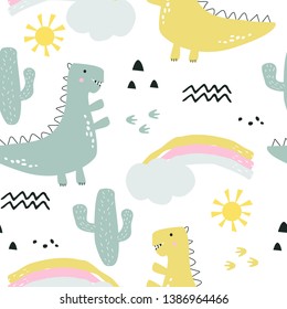 Seamless pattern with dinosaur and cactus and rainbow. Vector illustration, with the image of an animal, for printing on a postcard, poster, banner, packaging paper, fabric. Cute baby background.