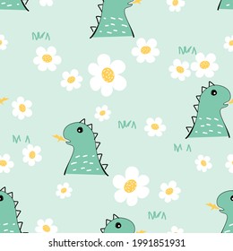 Seamless pattern with dinosaur cartoon and daisy flower on green background vector illustration.