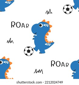 Seamless pattern with dinosaur cartoons and football on white background vector illustration. Cute childish print.